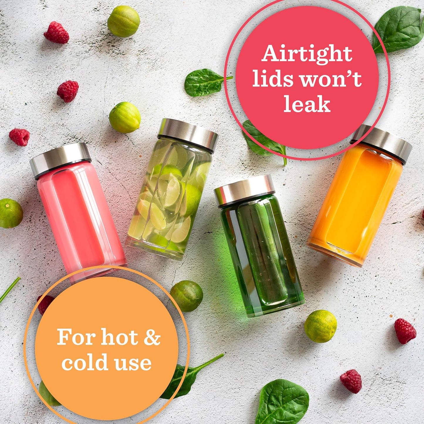 Juice Bottles - 4 Pack Wide Mouth Glass Bottles with Lids - for Juicing, Smoothies, Infused Water, Beverage Storage - 10oz, BPA Free, Stainless Steel Lids, Leakproof, Reusable, Borosilicate