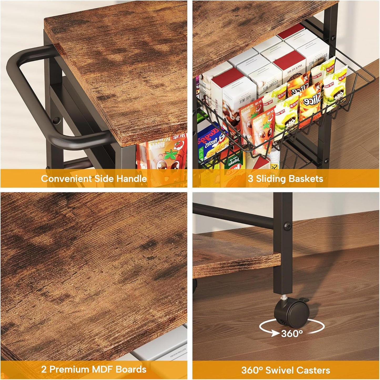 5-Tier Snack Organizer Cart with 3 Height Adjustable Pull-Out Baskets and 2 Storage Shelves, Utility Kitchen Organizer and Storage Cart with Convenient Handle for Fruit Potato Onion Vegetable Snack