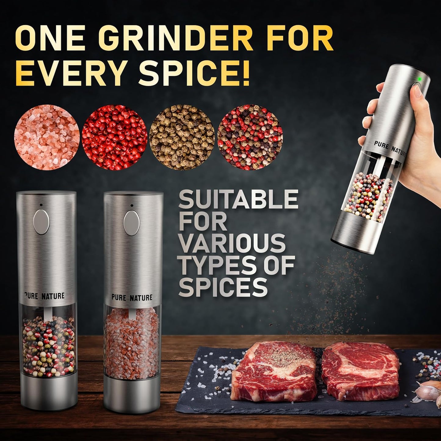 Pure Nature Salt and Pepper Grinder Set with rechargeable base. Premium Stainless Steel up-graded larger capacity with LED Lights, 5 Adjustable Coarseness, Refillable, Type-C Fast Charging.