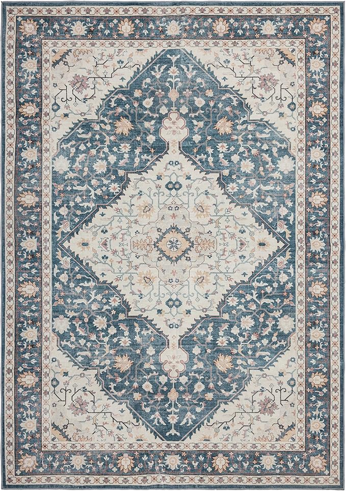 Area Rug for Living Room - Vintage Indoor Machine Washable Rug for Bedroom Dinning Room Floor - Soft Low-Pile Carpet Non-Slip Backing Floral Rugs for Office (Blue/Cream, 5' × 7')