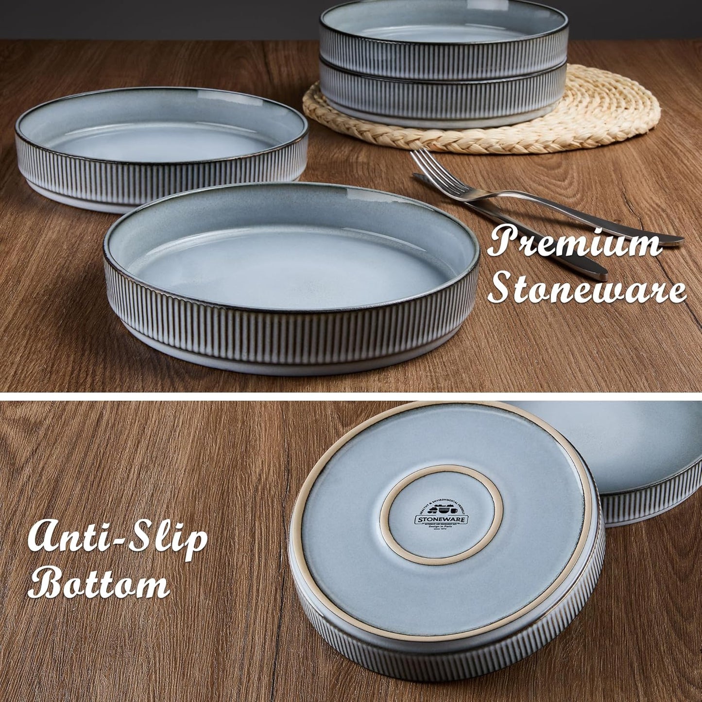 E-far Pasta Bowls Set of 4, 35oz Large Salad Bowl Plate for Dinner Serving Soup, Wide & Shallow Ceramic Stoneware Pasta Plates, Microwave & Dishwasher Safe, Reactive Glaze Textured Stripes, Dusty Blue