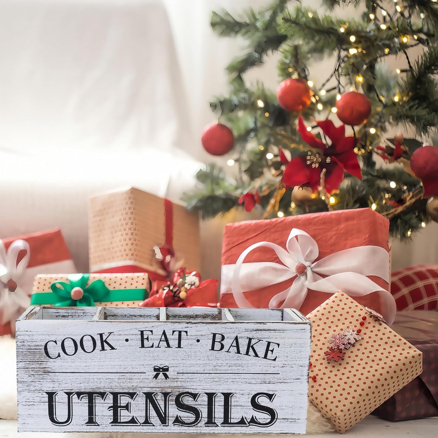 Utensil Holder,Extra Large Wooden Utensil Holder For Kitchen Counter,Cooking Spatula Organizer,Big Storage Caddy With 4 Compartments Flatware Spoon Tool Cutlery(Retro White)