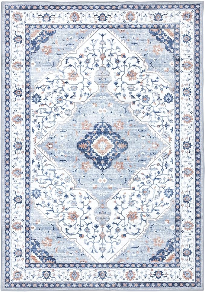 Area Rug for Living Room - Vintage Indoor Machine Washable Rug for Bedroom Dinning Room Floor - Soft Low-Pile Carpet Non-Slip Backing Floral Rugs for Office (Blue/White, 5' × 7')