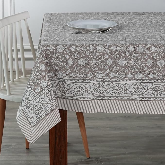 Ridhi Taupe Hand Block Print Cotton Rectangle Tablecloth 190 x 72 inches Reusable Table Cover Decorative Everyday Use for Dining Room, Farmhouse, Home, Party, Festive & Wedding, Fall