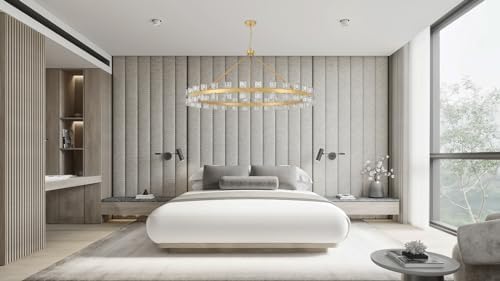 60 Inch Gold Wagon Wheel Chandelier with Crystal Shade, 60 Lights, Modern Farmhouse Style, Ideal for Dining Room, Kitchen, Entryways