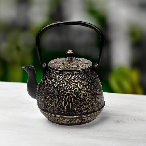 Tea Kettle, TOPTIER Japanese Cast Iron Tea Pot for Stove Top, Cast Iron Teapot Humidifier for Wood Stove, Leaf Design Tea Kettle Coated with Enameled Interior for 32 Ounce (950 ml), Black
