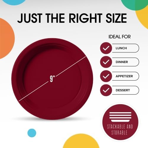 Exquisite Party Solids Burgundy Plastic Plates For Party 9" Burgundy Disposable Plates Heavy Duty Supplies 100 Pcs Plastic Dinnerware Sets Heavy Duty 350 GSM Disposable Dinnerware Set