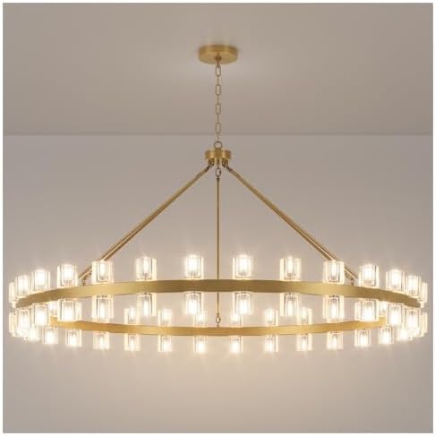 60 Inch Gold Wagon Wheel Chandelier with Crystal Shade, 60 Lights, Modern Farmhouse Style, Ideal for Dining Room, Kitchen, Entryways