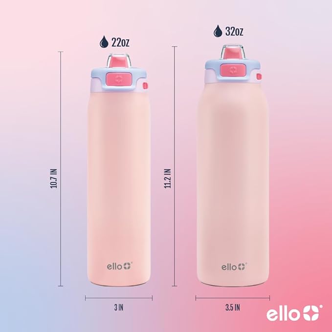 Ello Pop & Fill Stainless Steel Water Bottle with Quick Fill Technology, Double Walled Vacuum Insulated Metal, Leak Proof Locking Lid, Sip & Chug, BPA Free, Holiday Gift for Him Her, 22oz, 32oz, 40oz