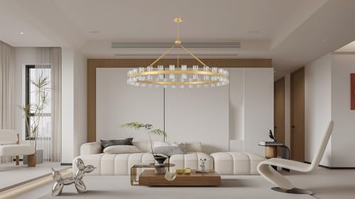 60 Inch Gold Wagon Wheel Chandelier with Crystal Shade, 60 Lights, Modern Farmhouse Style, Ideal for Dining Room, Kitchen, Entryways