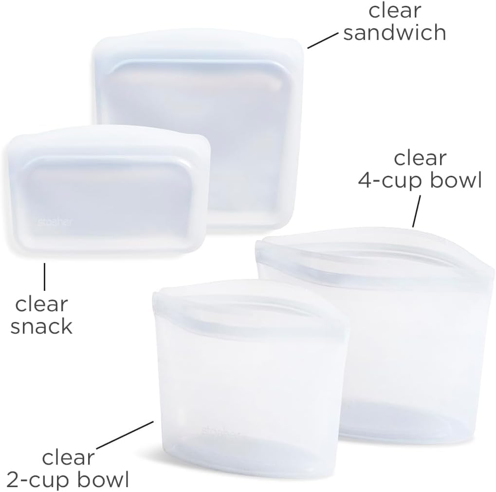 Stasher Premium Silicone Reusable Food Storage Bags, 4-Pack, Clear, Multi-Use Food Storage Bags, Lunch Bag, Travel Containers, BPA Free, Leak-free, Dishwasher-Safe, Eco-friendly