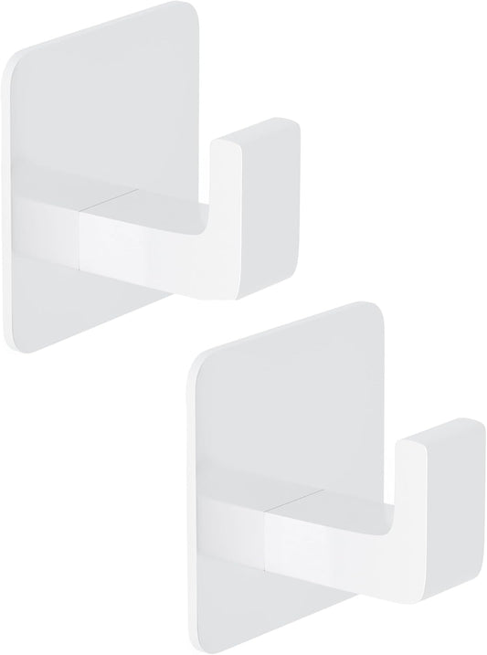 Square Self Adhesive Towel Hooks - 2 Pack Matte White Metal Hooks, Right-Angle Design for Towels, Robes & Hats, Organize Bathroom, Kitchen, Entryway, Doors, Cabinets on Smooth Surfaces