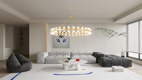 60 Inch Gold Wagon Wheel Chandelier with Crystal Shade, 60 Lights, Modern Farmhouse Style, Ideal for Dining Room, Kitchen, Entryways