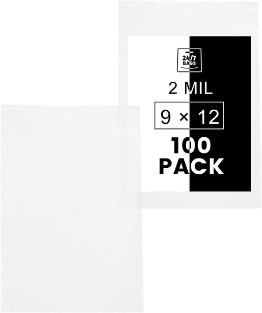9" X 12" (100 Bags) 2 Mil Clear Reclosable Zip Plastic Poly Bags with Resealable Lock Seal Zipper