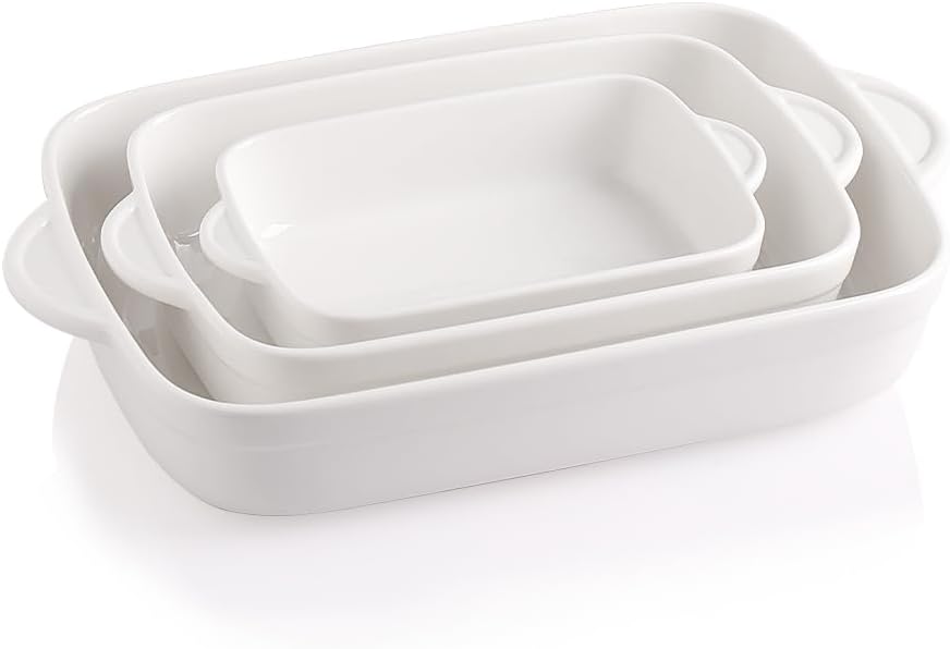 Sweejar Casserole Dishes for Oven, Ceramic Bakeware Set of 3, Lasagna Pan Deep with Handle, Rectangular Baking Pan Set, 9x13 Baking Dish for Cooking, Banquet and Daily Use (White)