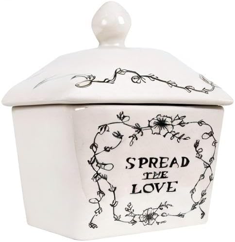 Creative Co-Op Country Stoneware Butter Dish with Lid, "Spread the Love" Message, and Farm Line Drawing, White and Black, Food, Microwave, and Dishwasher Safe