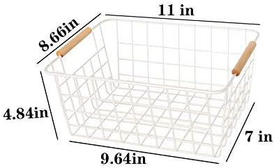LeleCAT white wire baskets with Wooden Handles Storage Organizer Baskets, Household Refrigerator for Cabinets, Pantry, Closets, Bedrooms, kitchen - Set of 2（White）