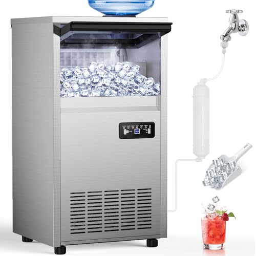 Commercial Ice Maker Machine, 150Lbs/24H with 45Lbs Storage, Fast Ice Making in 8-15Mins, Stainless Steel Under Counter or Freestanding Ice Machine for Home, Party, Office - 2 Water Inlet Modes