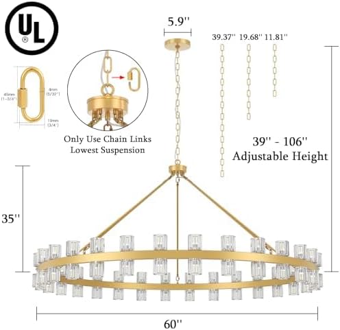 60 Inch Gold Wagon Wheel Chandelier with Crystal Shade, 60 Lights, Modern Farmhouse Style, Ideal for Dining Room, Kitchen, Entryways