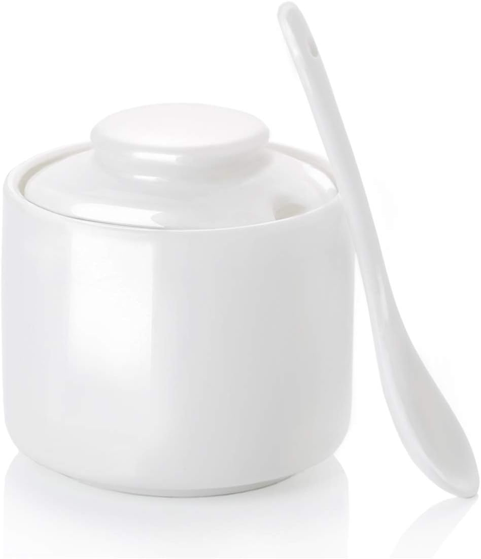 ONTUBE Ceramic Sugar Bowl with Lid and Spoon,Porcelain Seasoning Box Salt Bowl,8oz White