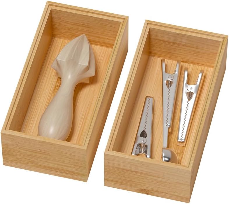 Bamboo Drawer Organizer, Small Silverware Organizer for Kitchen Drawer, Stackable Utensil Tray, 2 Pcs Flatware Organizer, Bamboo 6" x 3" x 2" (Outer), 5.3" x 2.3" x 1.77" (Inner)
