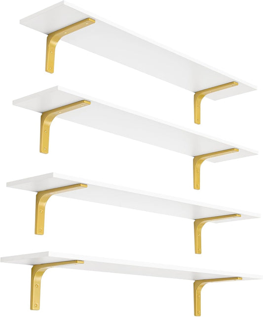 DINZI LVJ Long Wall Shelves, 47.3" Wall Mounted Shelves Set of 4, Large Floating Shelves for Wall with Metal Brackets, for Living Room, Bathroom, Bedroom, Kitchen, White and Gold