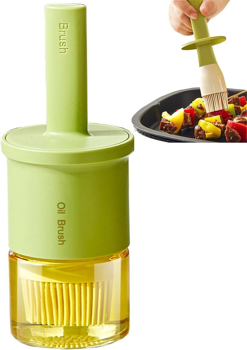 Glass Oil Dispenser with Heat Resistant Brush,Oil Dispenser Bottle with Silicone Pastry Brush for Kitchen,Cooking Vinegar and Sauce BBQ Grill Frying (Oil Dispenser-Green)