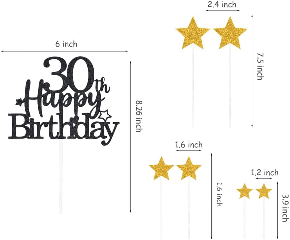 Glittery 30th Happy Birthday Cake Topper with Star,Personalised 30 Birthday Cake Toppers Party Decorations Party Supplies for Men Women Black Gold