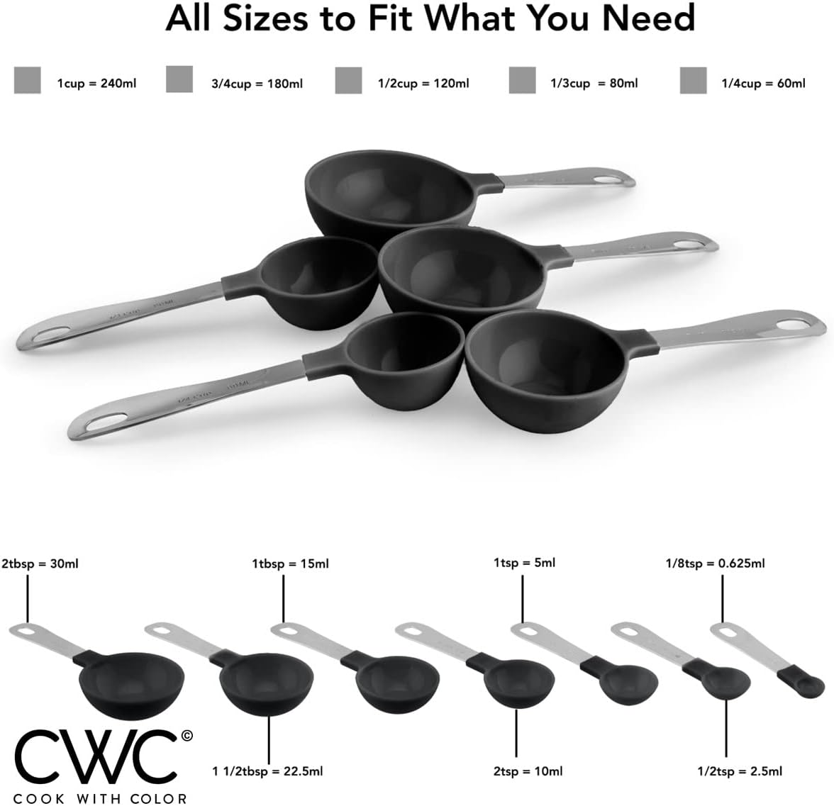 COOK WITH COLOR Measuring Cups Set and Measuring Spoon Set, Stainless Steel Handles, Nesting Kitchen Measuring Set, Liquid Measuring Cup Set, 12 PC Stainless Steel, Black