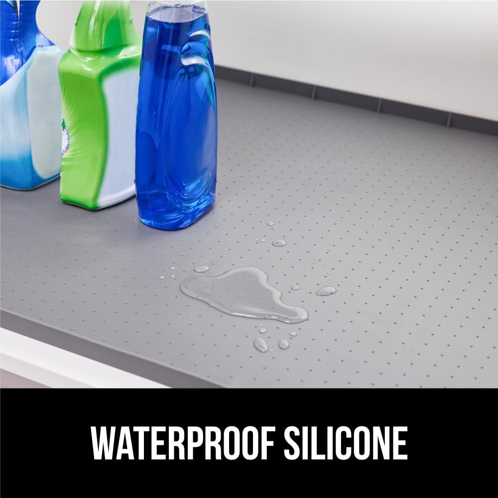 GORILLA GRIP Waterproof Silicone Under Sink Mat with Raised Lip for Kitchen and Bathroom, 31 x 22 in, Cabinet Shelf Liner Stay in Place Mats Dishwasher Safe Drawer Liner, Organizer Tray, Gray