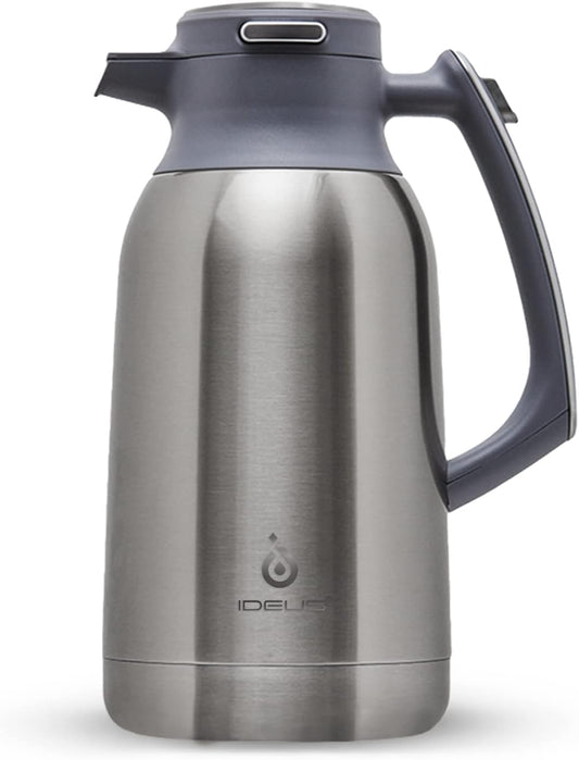 IDEUS Thermal Coffee Carafe 68oz (2,000ml), Stainless Steel Double Wall Insulated Vacuum Flask, Water Jug Coffee Server and Beverage Dispenser, Heat and Cold Retention (Metallic, 68oz (2,000ml))