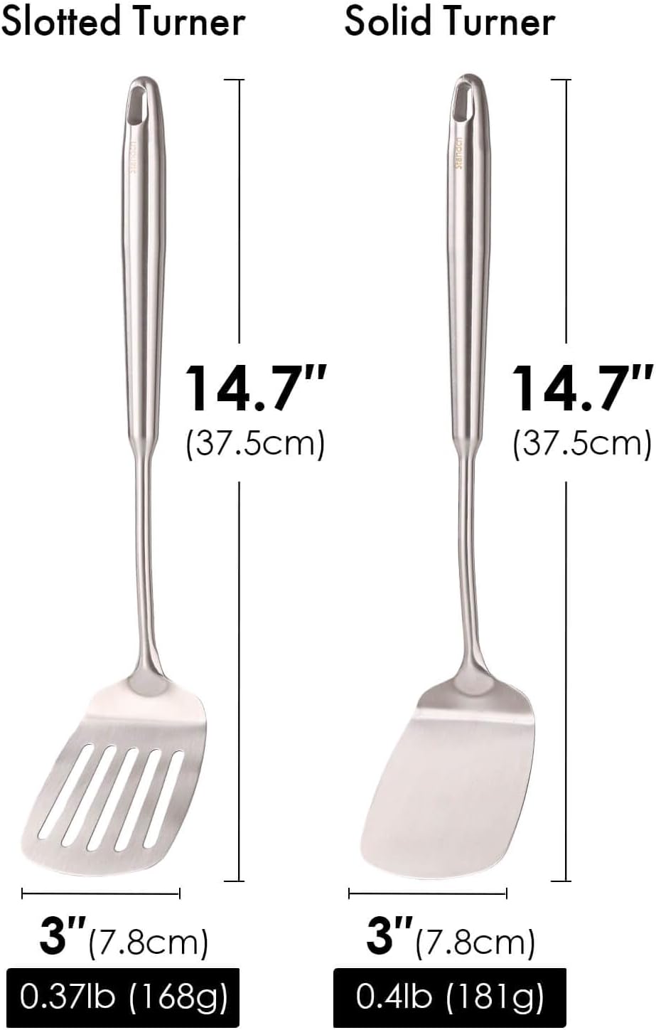 18/10 Stainless Steel Spatulas Set - 15” Long Spatulas for Kitchen, Metal Cooking Utensils - 1 Slotted Spatula + 1 Solid Turner (style A - all metal brushed)