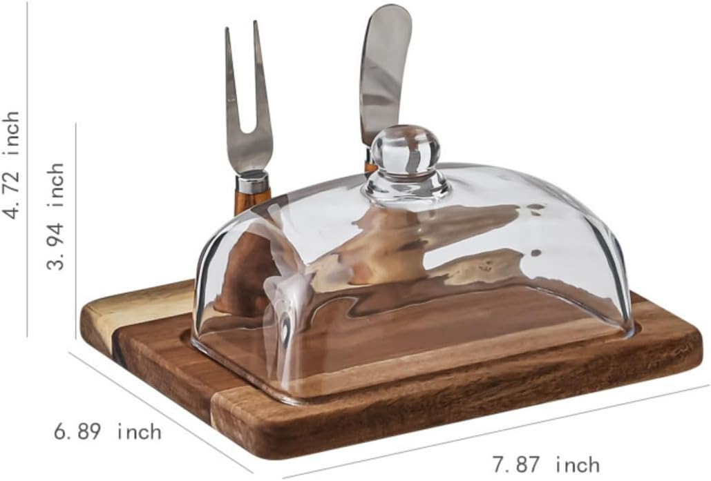 Acacia Wood Butter Dish with Knife and Glass Cover for Cheese, Butter, Cake, Dessert Serving Tray Elegant Kitchenware (2 knifes)