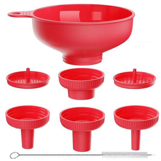 Pisol Wide Mouth Versatile Funnel, Canning Funnels for Kitchen Use, Food Grade Plastic Cooking Funnel Set with 4 Size Spouts and 2 Strainers for Filling Different Bottles and Bags, Red
