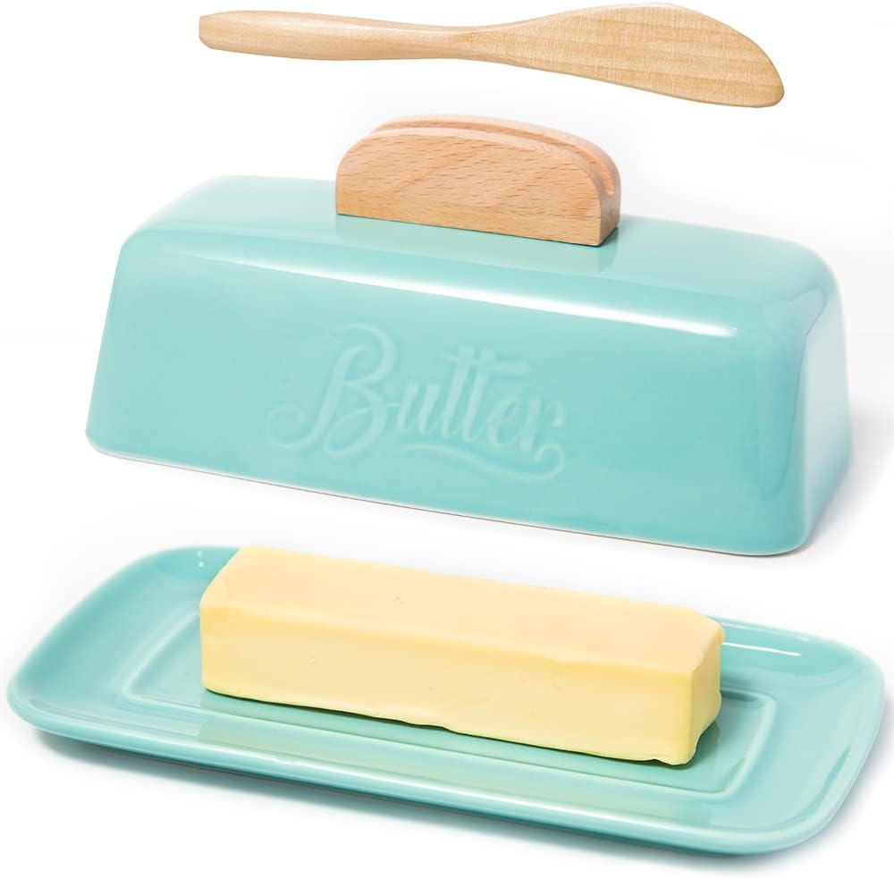 Butter Dish with Lid and Knife Ceramic Butter Holder for Counter Humanized Clamp-able Knife Handle Design, Perfect for East West Coast Butter, Skyblue