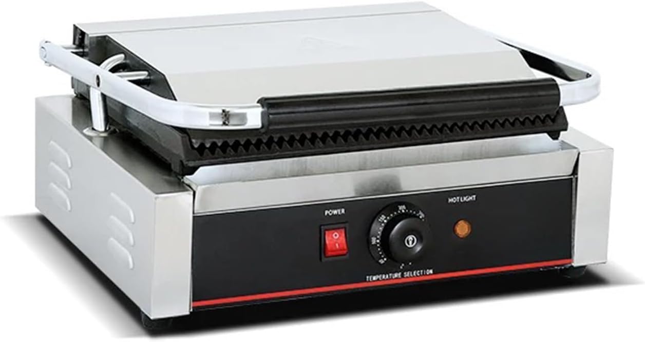 Commercial Panini Grill Grooved Press Sandwich Maker Industrial Panini Machine Single Grill Big (Big Ribbed Top And Bottom)