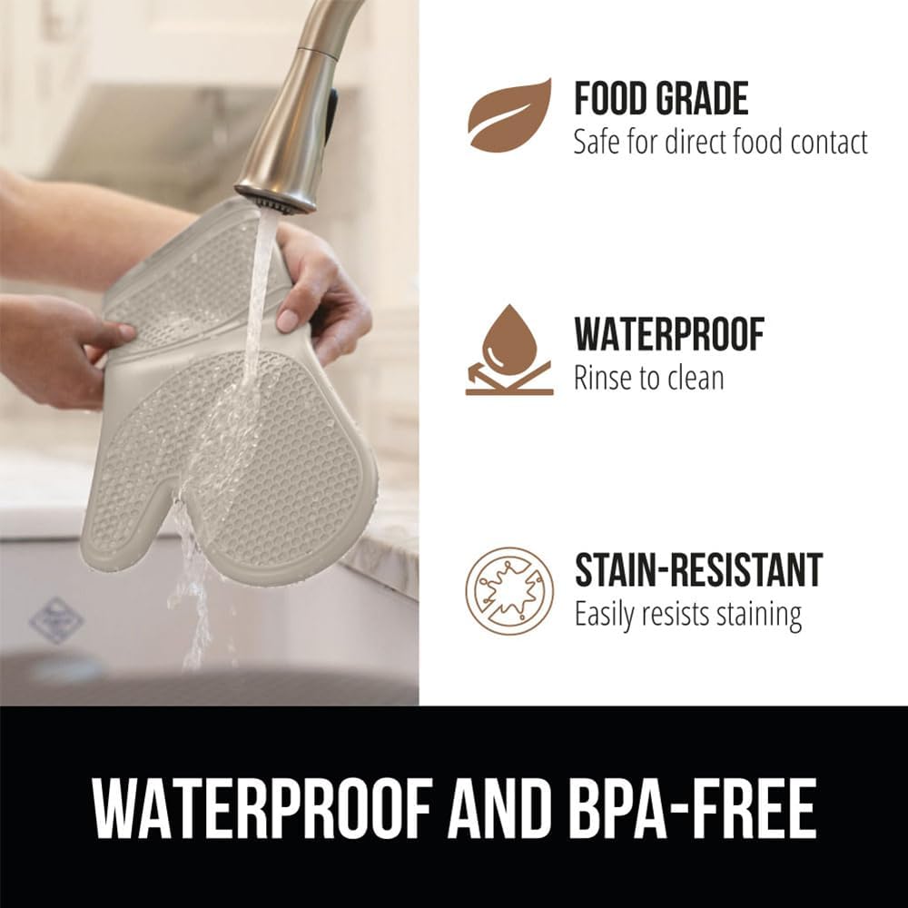 GORILLA GRIP BPA-Free Soft Silicone Oven Mitts, Heat Resistant and Waterproof Cooking Gloves, Thick Cotton Lining, Flexible Gripping for Baking Grilling, Kitchen Potholders Set of 2, 12.5x8.3, Almond