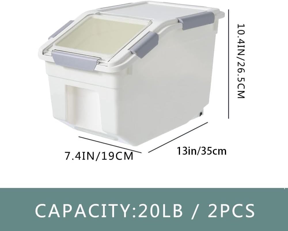 20Lbs 2 Pack Food Storage Container with Scoop, Airtight Rice Storage Bins Flour Containers Pet Food Dispenser with Handle & Wheels, Plastic Kitchen Pantry Organization for Cereal Baking Supplies