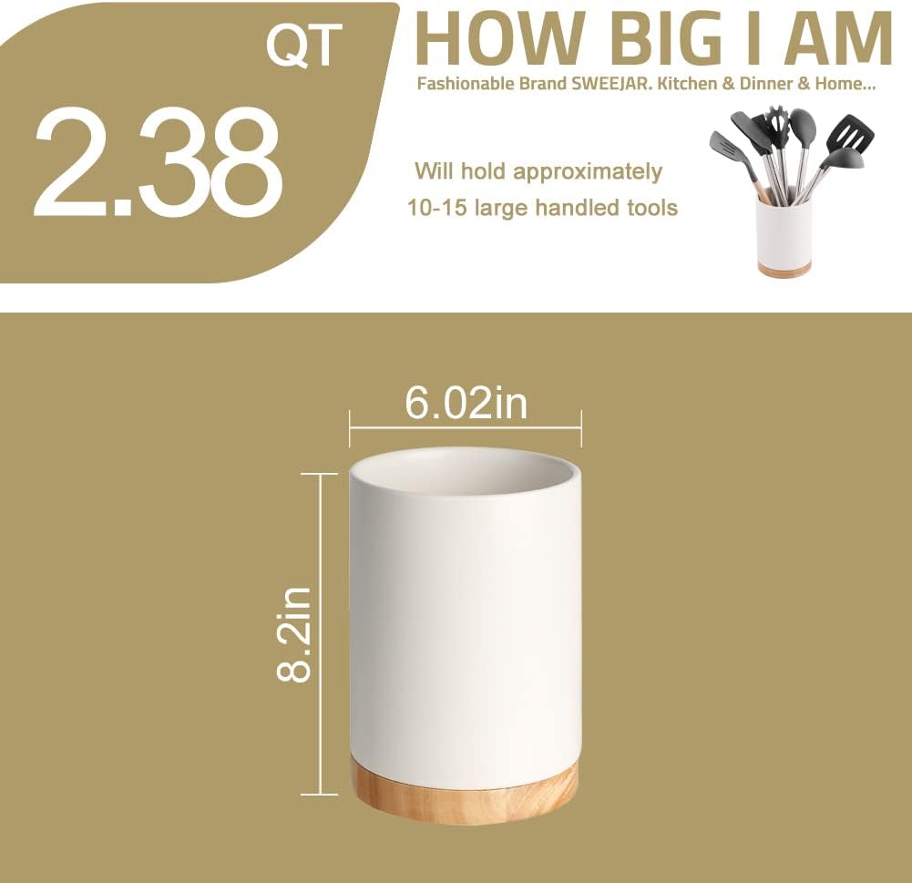 Sweejar Kitchen Utensil Holder with Wooden Bottom, 8.2" Ceramic Utensil Crock to Hold Spatulas for Cooking Countertop, Housewarming, Wedding, Birthday Gift (White)