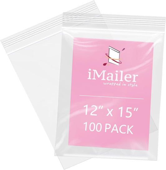 iMailer - 100 Pcs- 12" x 15" Large Plastic Zip Poly Bags- Clear Zip Storage Bag for Clothing, T-Shirts, Pants