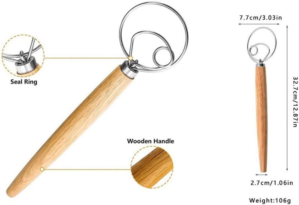 Danish Dough Whisk 13" Stainless Steel Bread Whisk Bread Making Tools Danish Dough Hook Bread Dough Mixer Hand Bread Dough Whisk for Pastry, Baking Cake, Dessert, Sourdough, Pizza, with Wooden Handle