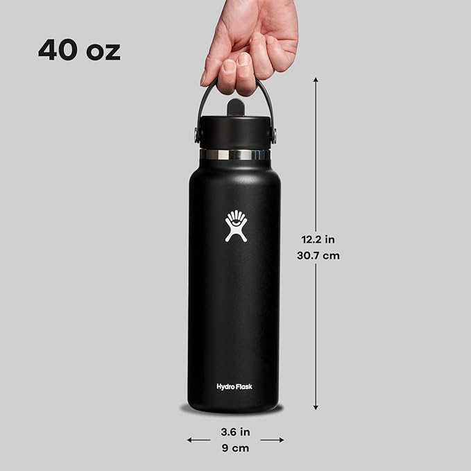 Hydro Flask Water Bottle - Insulated Stainless Steel - Wide Straw Lid, Non Spill, Leakproof in 40 Oz Black