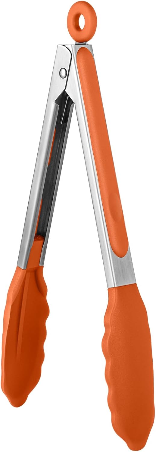 600ºF Heat Resistant Kitchen Tongs: U-Taste 9 inch Silicone Cooking Tong with Firm Sealed Non Stick Rubber Tips & Silicon Coated 18/8 Stainless Steel Handle & Smooth Locking for Serving Grill (Orange)