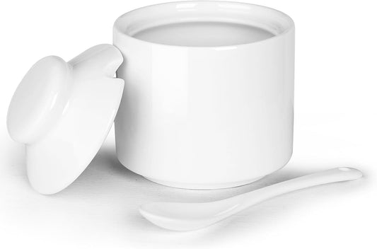 HAOTOP 8 oz Sugar Bowl with Lid and Spoon,Ceramic Sugar Jar Sugar Dispenser Sugar Container Coffee Bar Accessories, Kitchen Countertop Canisters (White)