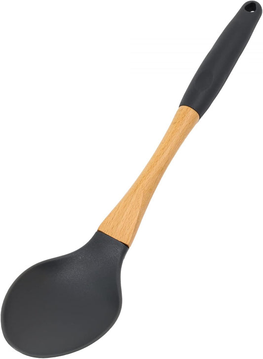 Beille Grey Nylon Spoon with Wooden Handle Kitchen Utensils High Heat Resistance, 13 Inch