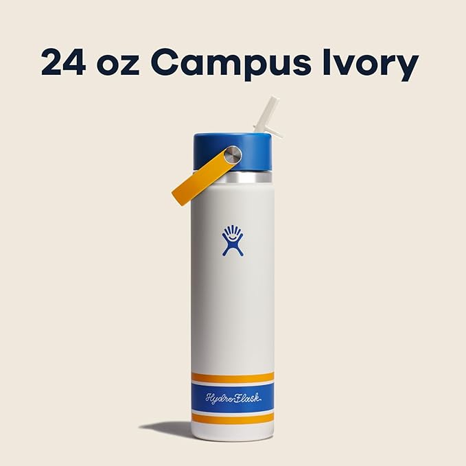 Hydro Flask Water Bottle - Insulated Stainless Steel - Wide Mouth Flex Straw Lid, Non Spill, Leakproof and Refillable in 24 Oz Campus Ivory