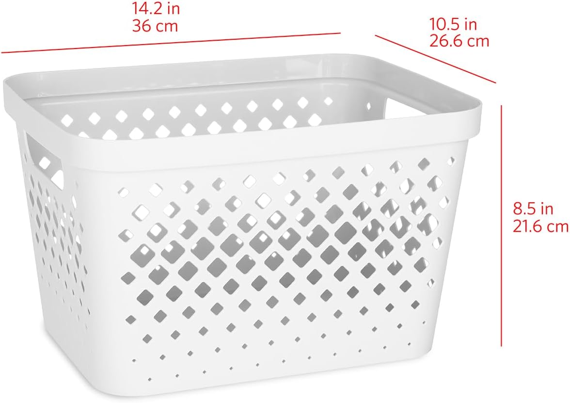 Glad Plastic Storage Basket Set, Value Pack of 6 | Open Storage Bins for Shelves, Bathroom, Pantry, Closet | Nesting Organizer Boxes with Handles, 4 Gallon, White