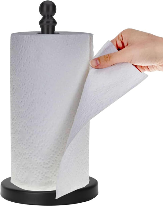 Paper Towel Holder Countertop, Standing Paper Towel Roll Holder for Kitchen Bathroom, with Weighted Base for One-Handed Operation (Black)