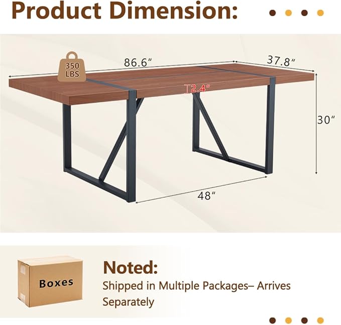 86.6" Walnut Wood Dining Table, Modern Large Rectangle Kitchen Table with Rich Wood Grain Finish, Sturdy Dining Room Table for 6-10 People, Perfect for Home, Apartment, or Office