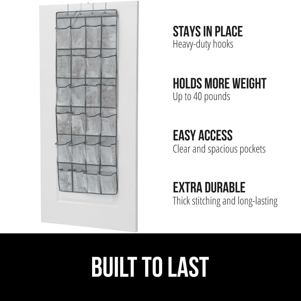 GORILLA GRIP Over the Door Shoe Organizer, 24 Large Breathable PVC Pockets, Space Saving Hanging Storage Holder, Closet Rack Hanger Holds Up to 40 lbs, Hangs on Closets for Shoes 2 Pack, Gray